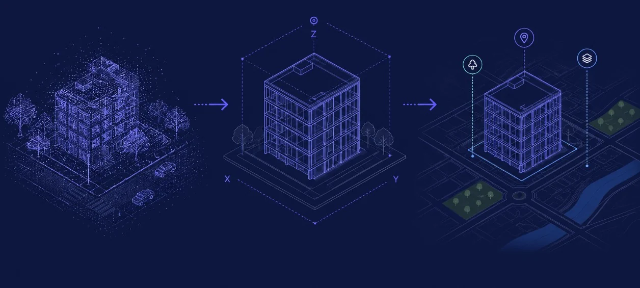 Three-stage sequence: point cloud of a building captured by 3D scanning, georeferenced BIM model with X, Y and Z axes, and the same model placed in its GIS context over the street map