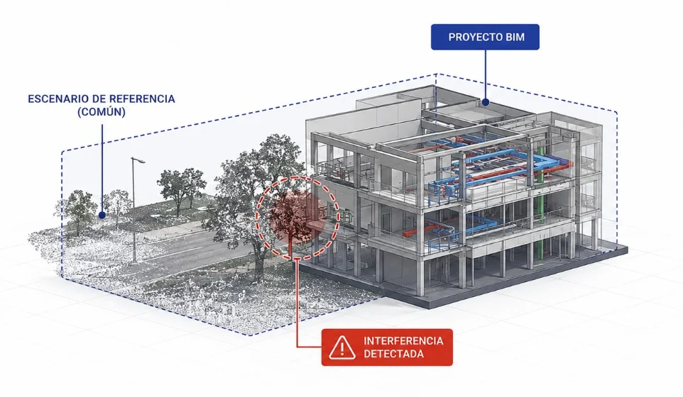 Un proyecto BIM de un edificio insertado sobre el escenario de referencia común capturado como nube de puntos; un círculo rojo señala una interferencia detectada entre el arbolado existente y el edificio proyectado
