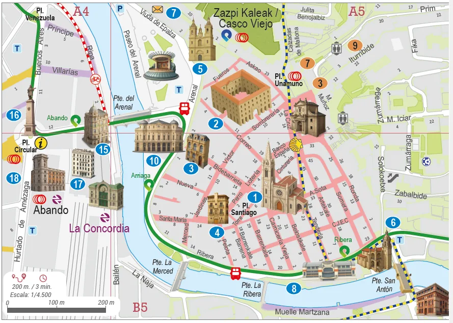 Illustrated enlargement of the Old Town in Bilbao's tourist map