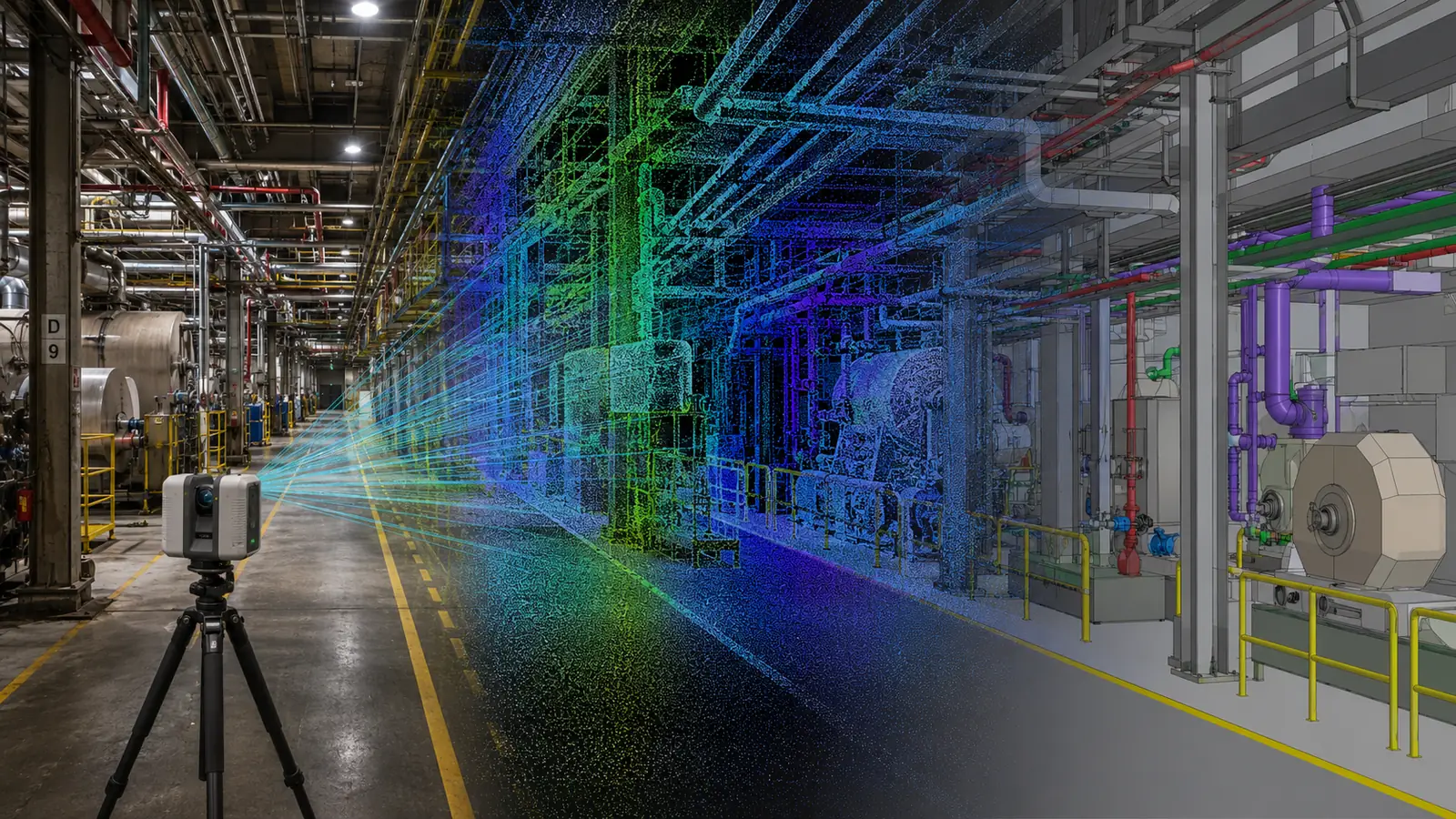 A 3D laser scanner on a tripod captures the interior of an industrial bay: the photograph on the left turns into the coloured point cloud in the centre and, on the right, into the 3D model of the pipes and machinery.
