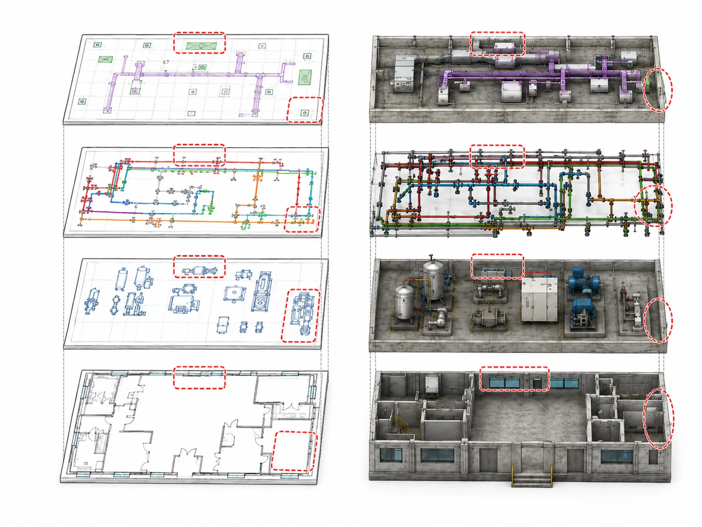 Layer-by-layer comparison between the project documentation and the real facility: HVAC, piping, equipment and architectural drawings on the left; the as-built condition on the right, with the differences flagged in red on each layer.