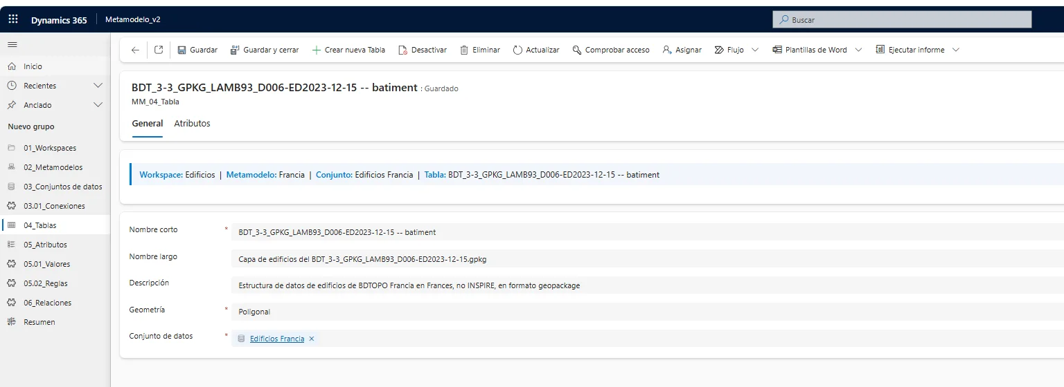 Captura de MetaMod: ficha de la tabla batiment del metamodelo de edificios de BDTOPO Francia, con su descripción, su geometría poligonal y su conjunto de datos.