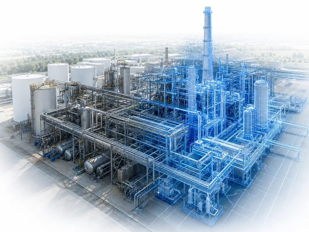 Vista aérea de una planta industrial en la que la mitad derecha aparece como modelo 3D en alambre azul superpuesto sobre la instalación real: el gemelo digital de las tuberías, columnas y depósitos.